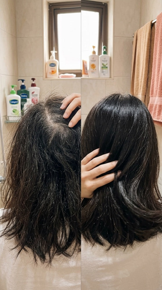 Maya Hair Oil before and after — hair parting