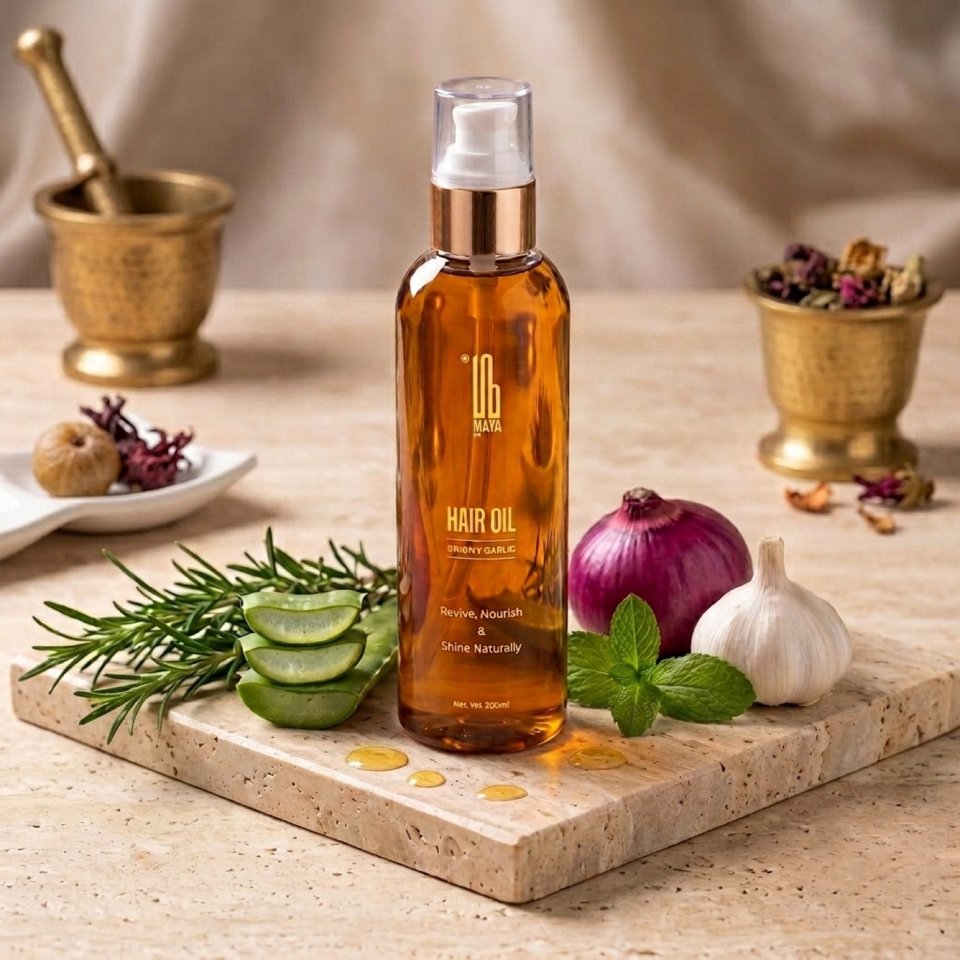 MAYA Hair Oil natural ingredients — onion, garlic, rosemary, aloe