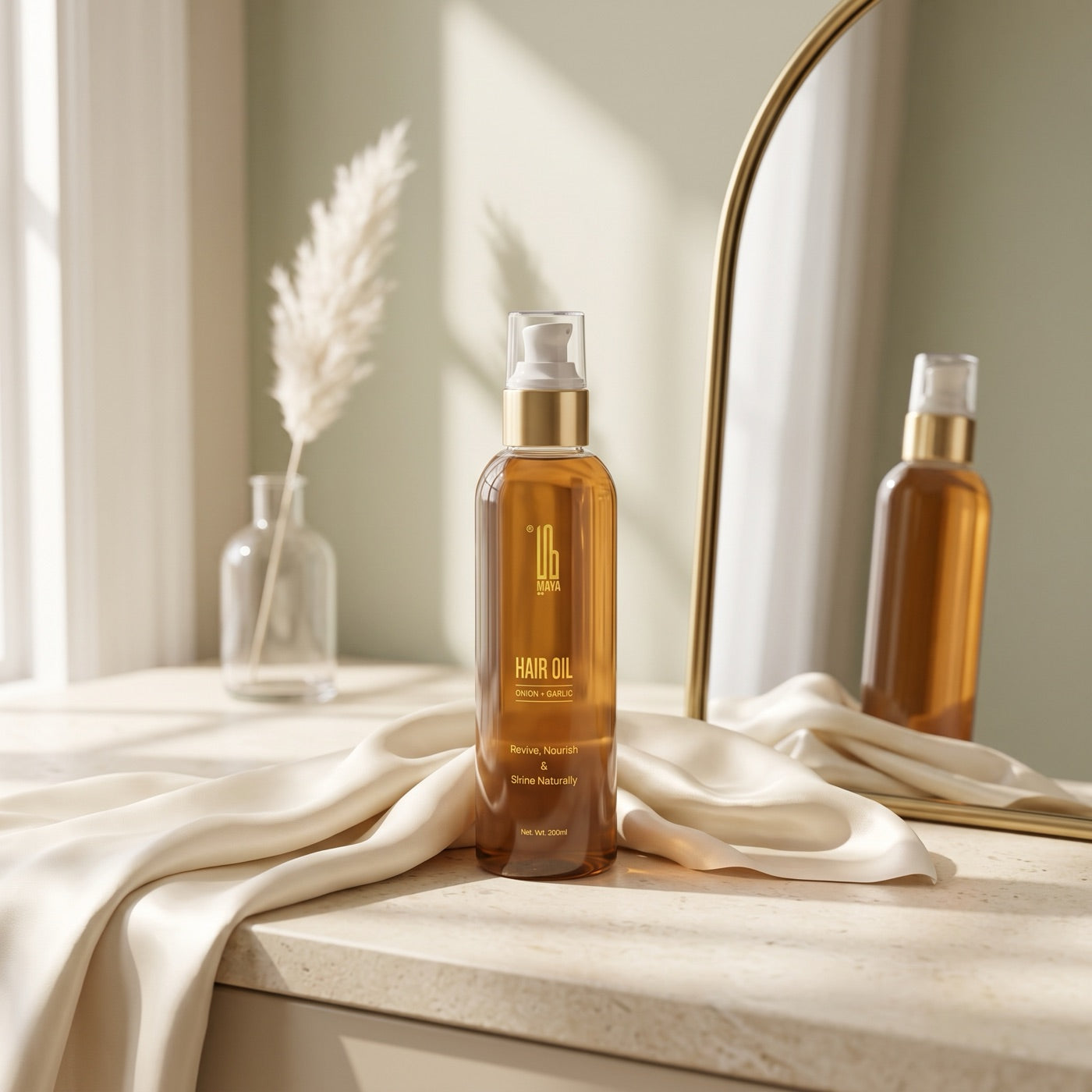 MAYA Hair Oil on a vanity — everyday ritual